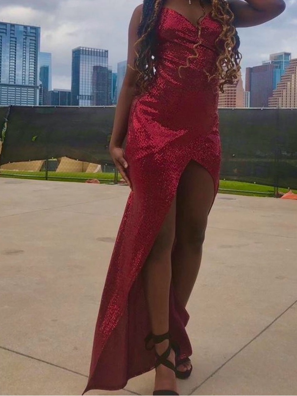 Emerald Sundae Red Sequin High-Slit Prom Gown
